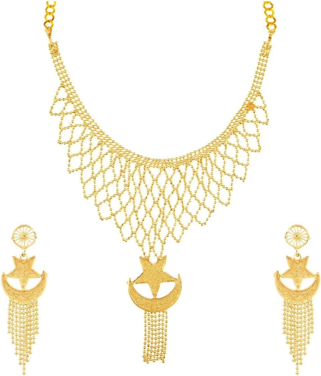 Efulgenz Gold Tone Indian Jewelry Sets for Women Dubai Style Necklace Set Gold Tone Moon Star Layered Ball Chain Necklace Earrings Bridal Jewelry for Wedding Fashion Jewelry