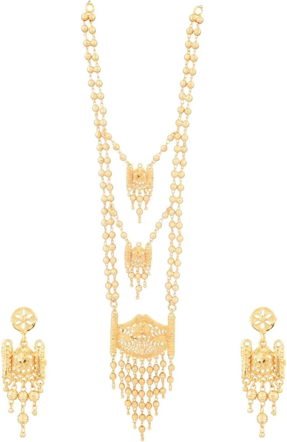 Efulgenz Gold Tone Indian Jewelry Sets for Women Dubai Style Necklace Set Indian Gold Tone Ball Beads Multi Layer Pendant Long Necklace Dangle Earrings Indian Bridal Jewelry for Wedding Fashion Jewelry