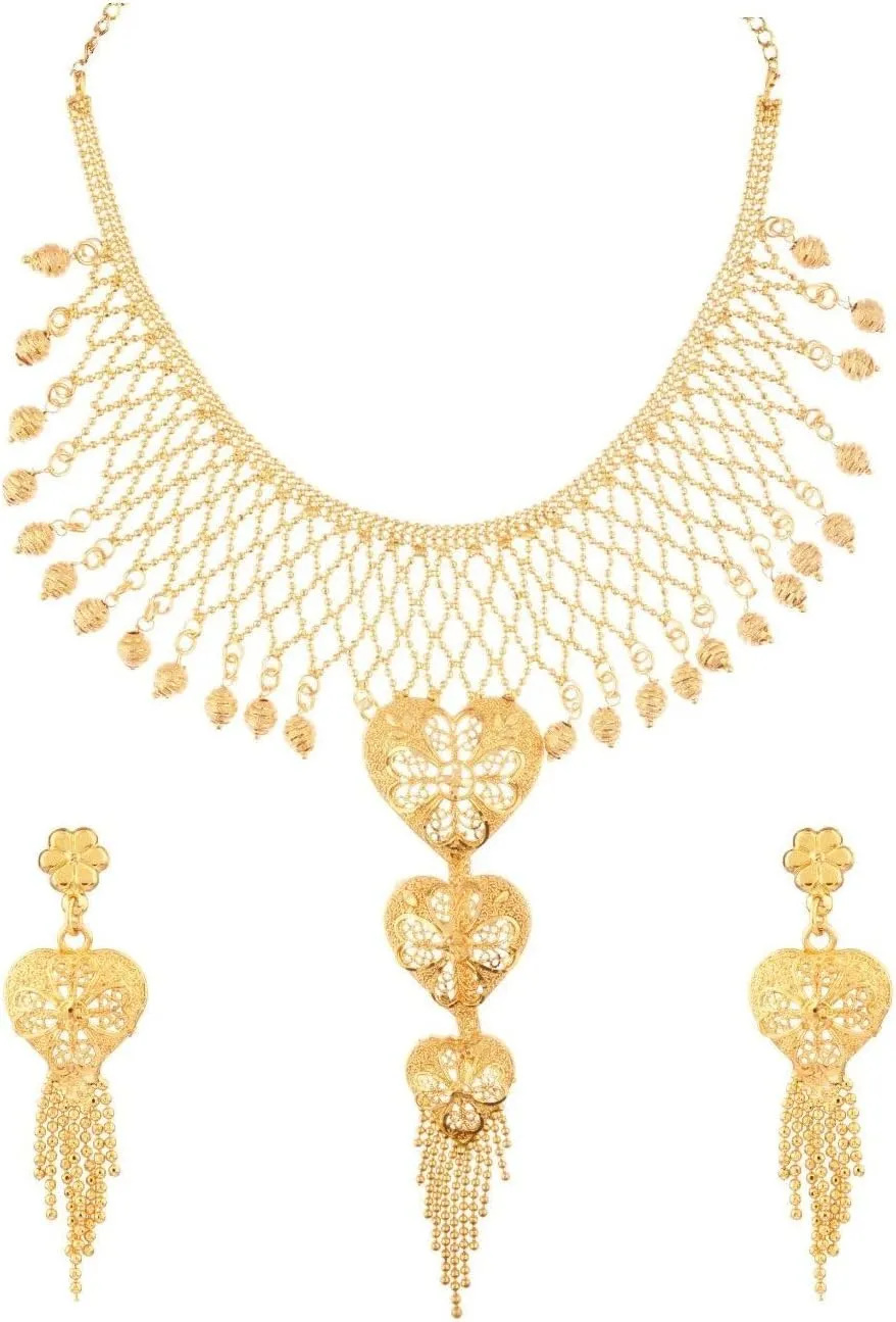 Efulgenz Gold Tone Indian Jewelry Sets for Women Dubai Style Necklace Set Indian Gold Tone Floral Heart Shape Layered Ball Chain Necklace Earrings Indian Bridal Jewelry for Wedding Fashion Jewelry