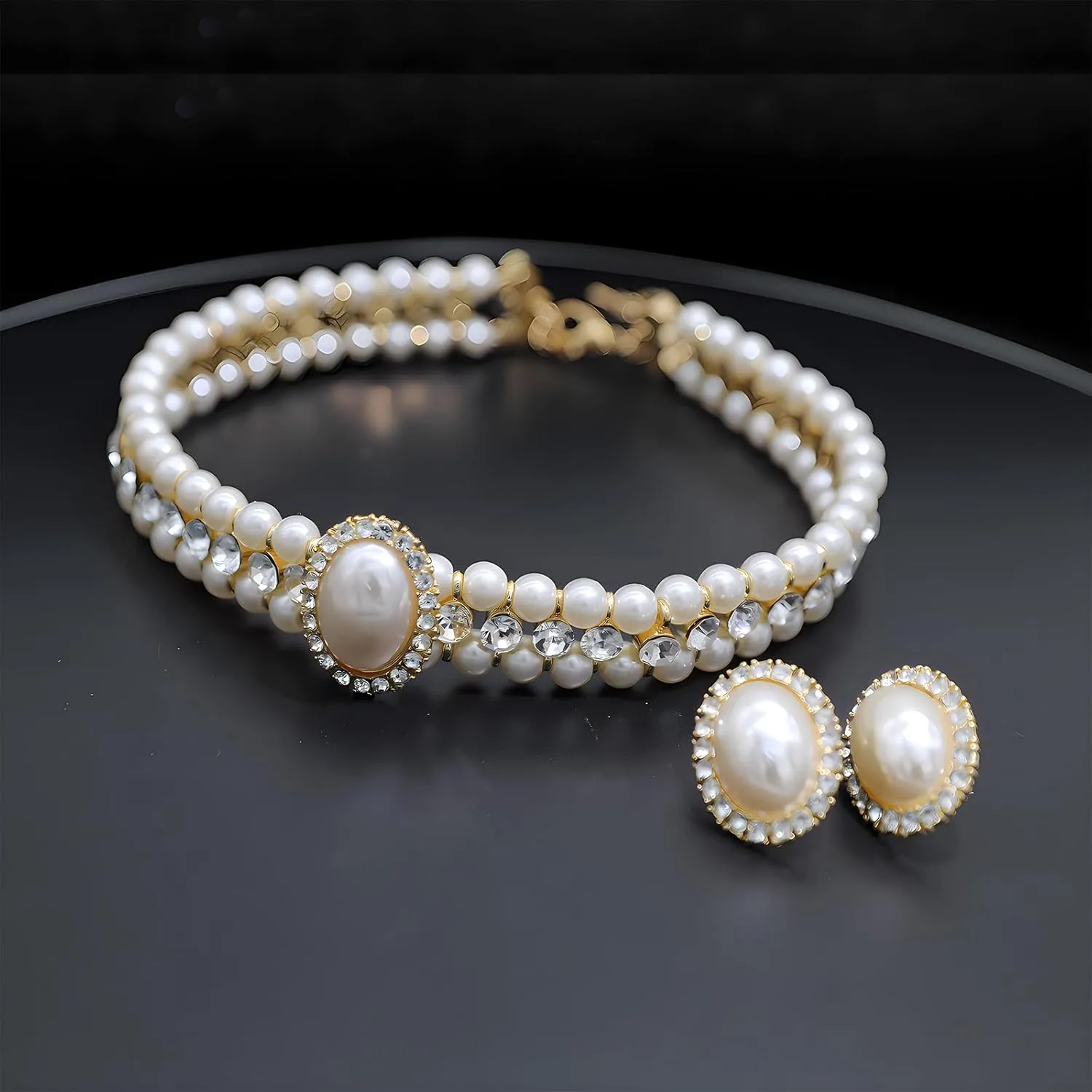 Elegant Layered Simulated Pearl Crystal Necklace Earrings Set for Women Rhinestone Diamond Pearl Choker Collar Neckalce Wedding Jewelry