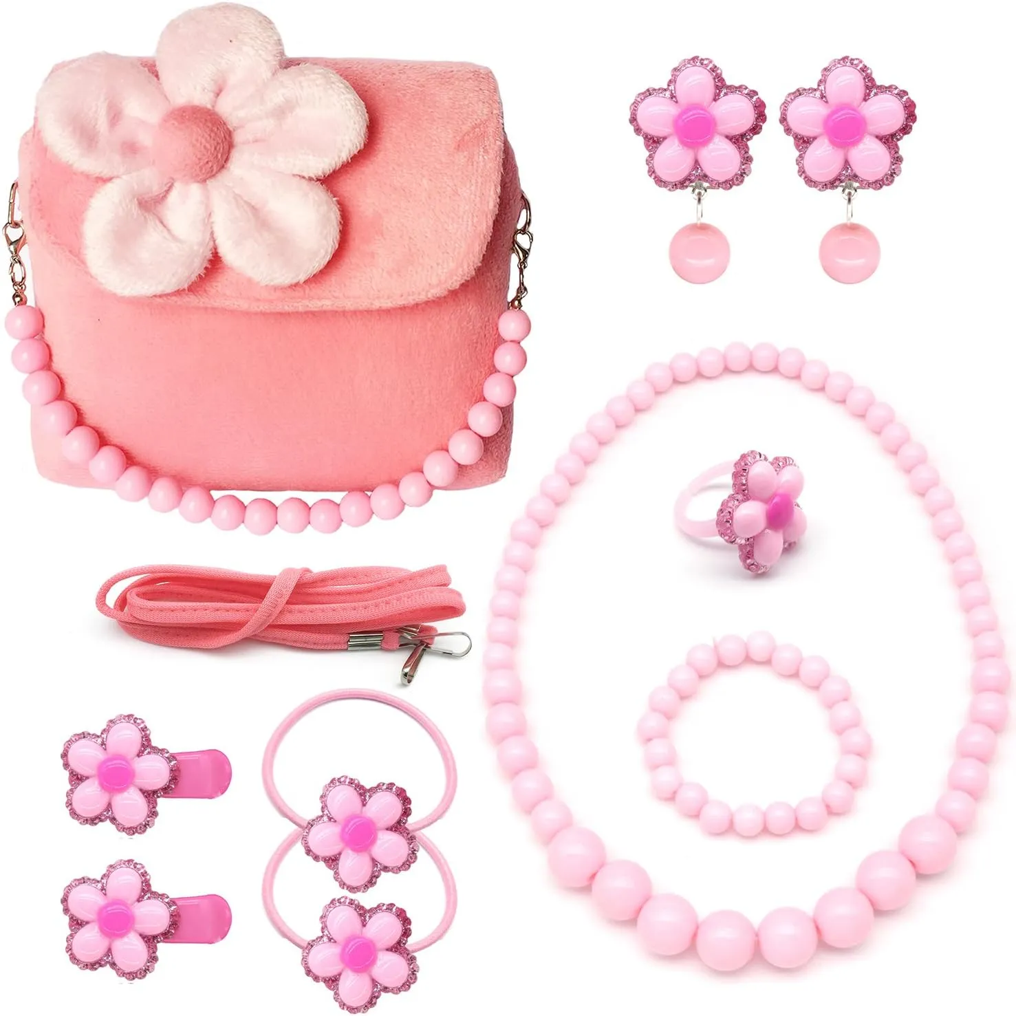 Elesa Miracle Little Girl Handbag Beauty Set Kids Plush Handbag   Flower-Shaped Clip-on Earrings Rings Hair Clips and Hair Ties   Necklace and Bracelet Set (Pink)