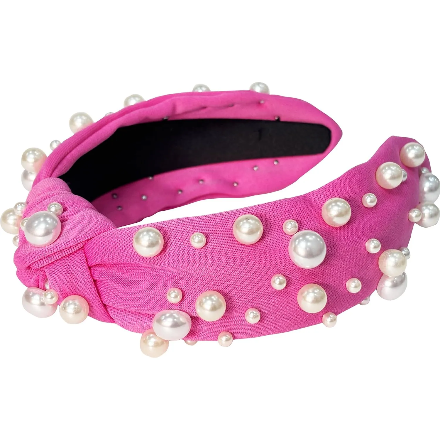 ELLOPH Pink Pearl Knotted and Beaded Headband for Women and Girls, Top Knot Hairband, Solid Wide Non-Slip Fashion Hair Accessory