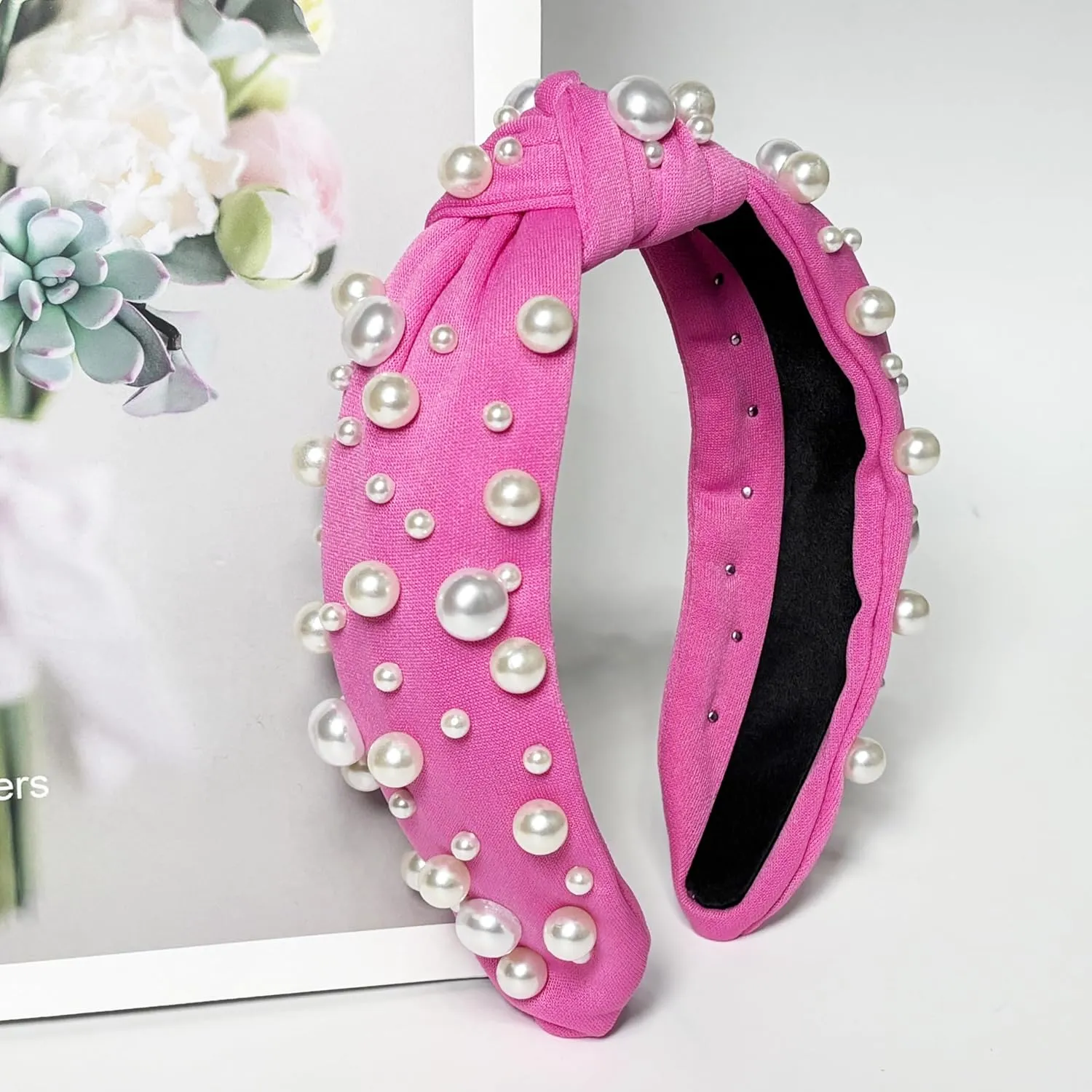 ELLOPH Pink Pearl Knotted and Beaded Headband for Women and Girls, Top Knot Hairband, Solid Wide Non-Slip Fashion Hair Accessory