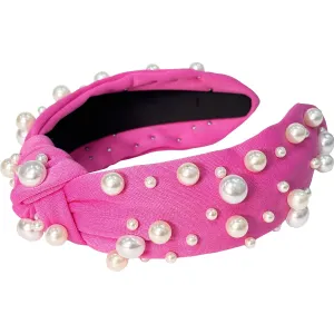 ELLOPH Pink Pearl Knotted and Beaded Headband for Women and Girls, Top Knot Hairband, Solid Wide Non-Slip Fashion Hair Accessory