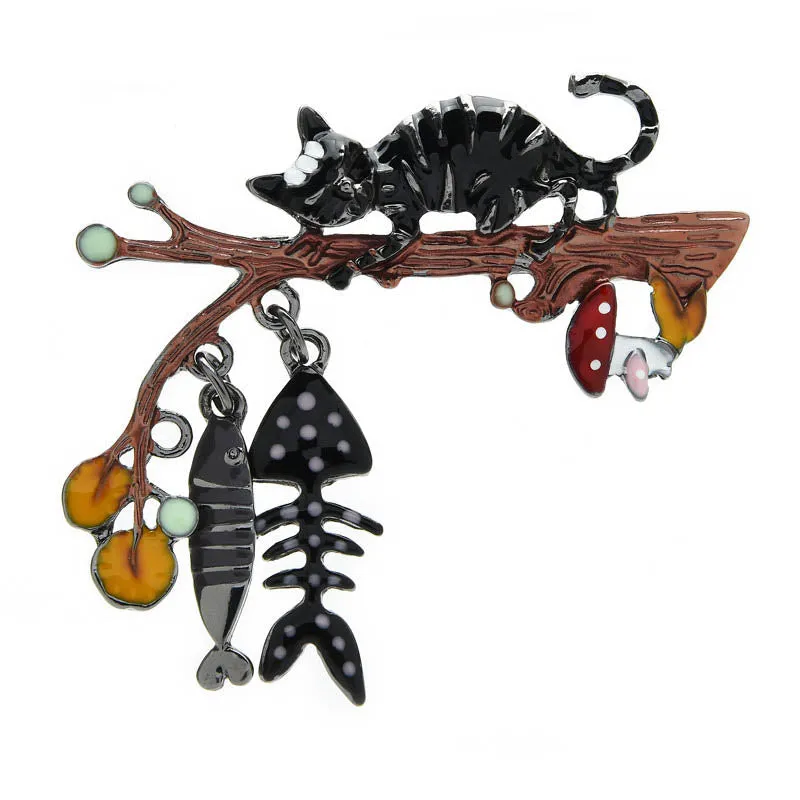 Enamel Cat Brooches Women Cute Animal On Tree Eat Fish Party Causal Brooch
