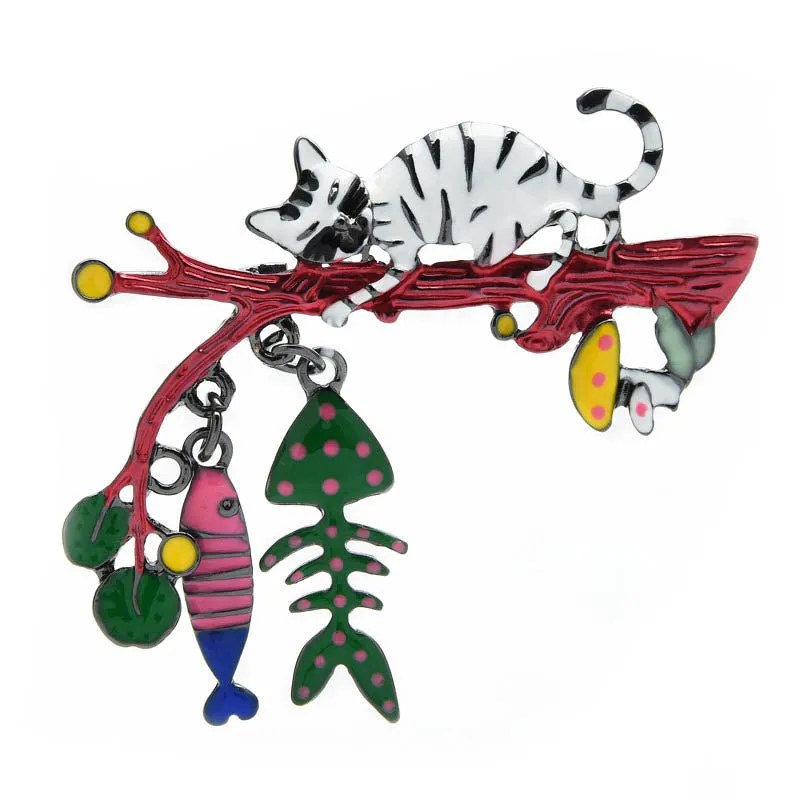 Enamel Cat Brooches Women Cute Animal On Tree Eat Fish Party Causal Brooch