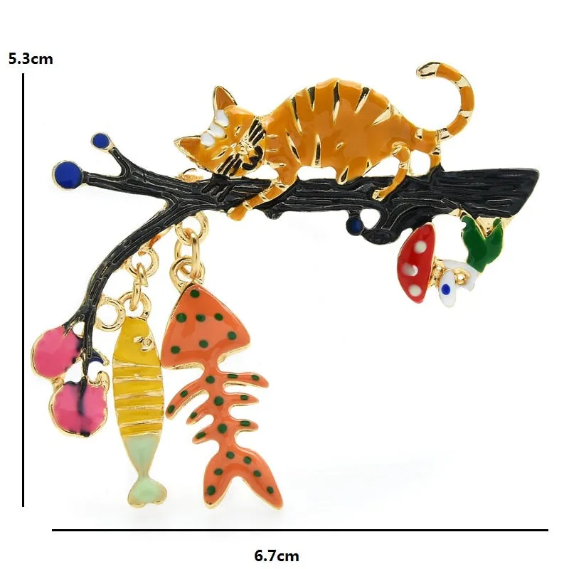 Enamel Cat Brooches Women Cute Animal On Tree Eat Fish Party Causal Brooch