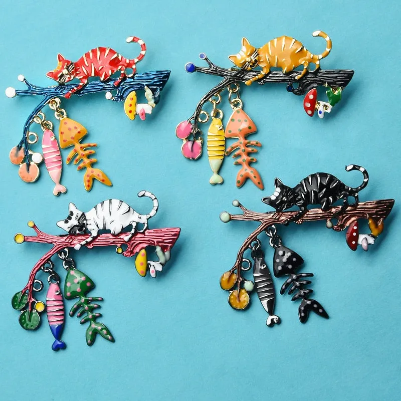 Enamel Cat Brooches Women Cute Animal On Tree Eat Fish Party Causal Brooch