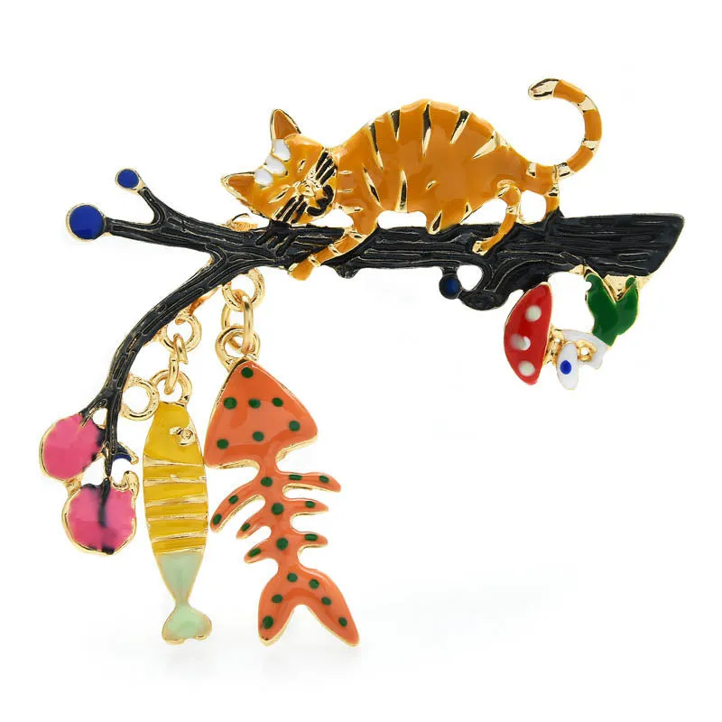 Enamel Cat Brooches Women Cute Animal On Tree Eat Fish Party Causal Brooch