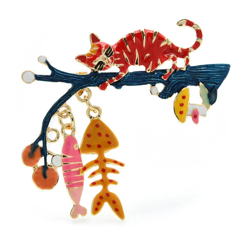 Enamel Cat Brooches Women Cute Animal On Tree Eat Fish Party Causal Brooch
