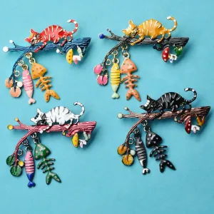 Enamel Cat Brooches Women Cute Animal On Tree Eat Fish Party Causal Brooch