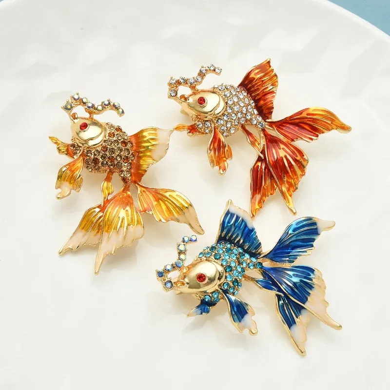 Enamel Fish Brooches Women Unisex 3-color Rhinestone Sea Animal Party Office Brooch