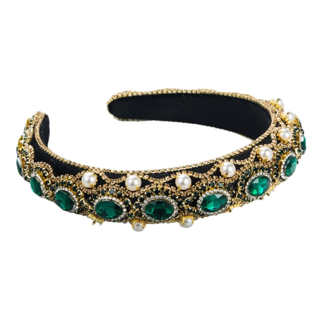 ERFMFKL Women's Alloy Rhinestone Pearl Velour Sponge Hair Hoop Retro Shiny Hair Accessories Headband TS5024-2