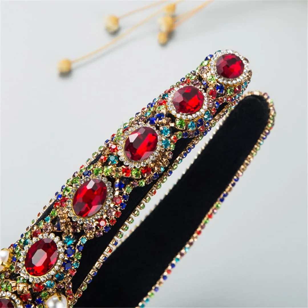 ERFMFKL Women's Alloy Rhinestone Pearl Velour Sponge Hair Hoop Retro Shiny Hair Accessories Headband TS5024-2