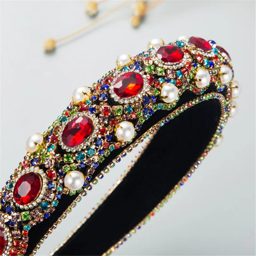 ERFMFKL Women's Alloy Rhinestone Pearl Velour Sponge Hair Hoop Retro Shiny Hair Accessories Headband TS5024-2