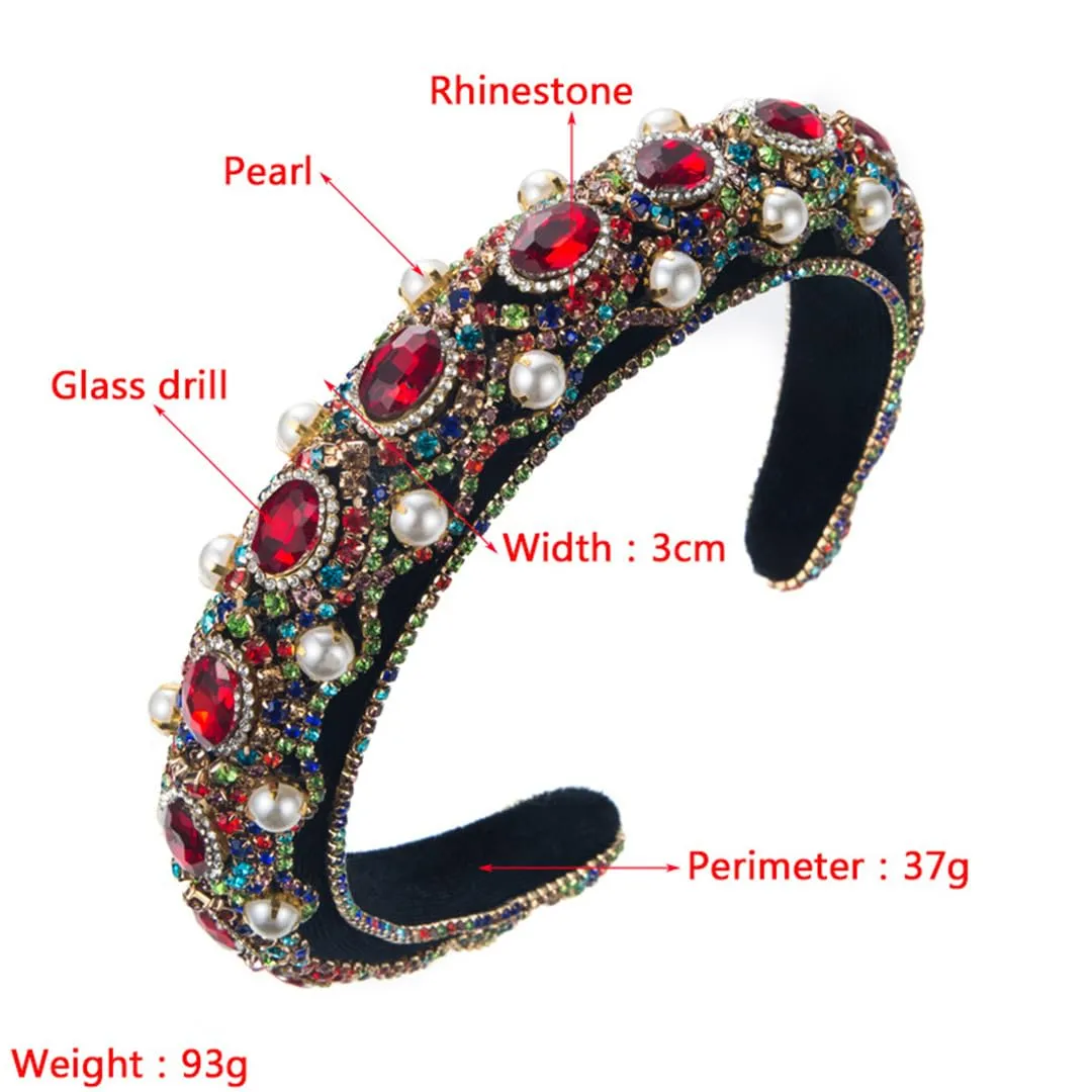 ERFMFKL Women's Alloy Rhinestone Pearl Velour Sponge Hair Hoop Retro Shiny Hair Accessories Headband TS5024-2