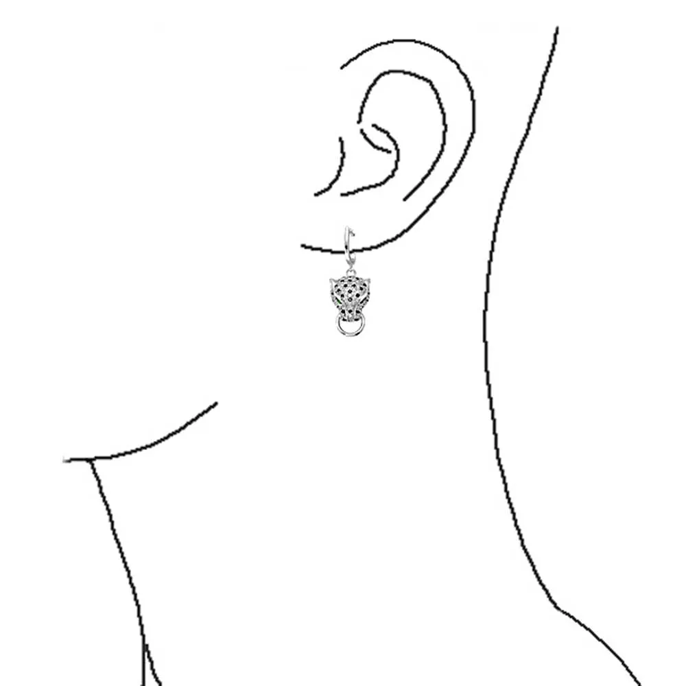 Estate Art Deco Panther Dangle Chandelier Earrings with Green Eye CZ Pave Silver