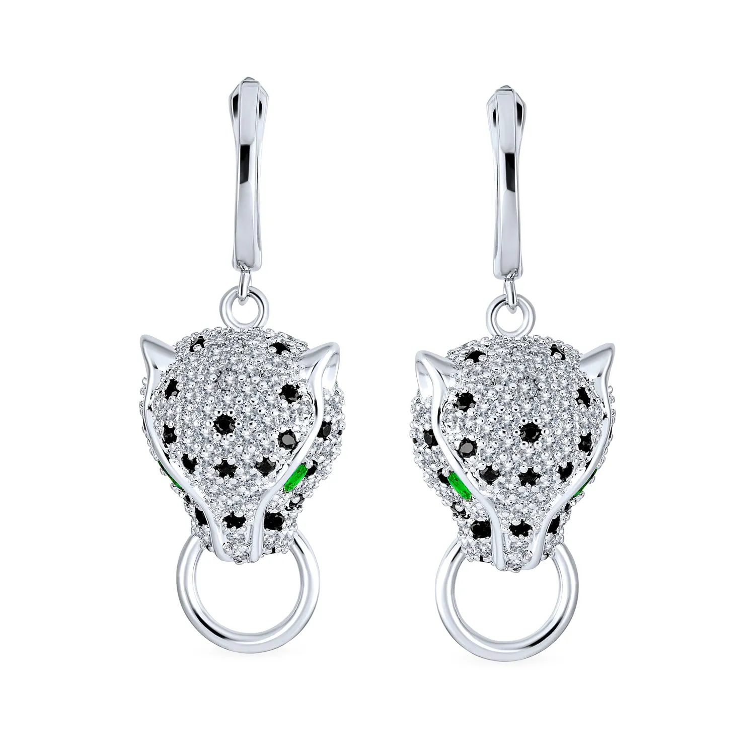 Estate Art Deco Panther Dangle Chandelier Earrings with Green Eye CZ Pave Silver
