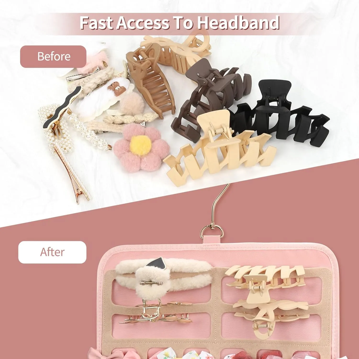 Ethereal Hanging Claw Clip Organizer and Hair Bows Holder With Hanger Metal Hooks, Sunglasses Storage, Hair Clip and Scrunchies Holder, Pink