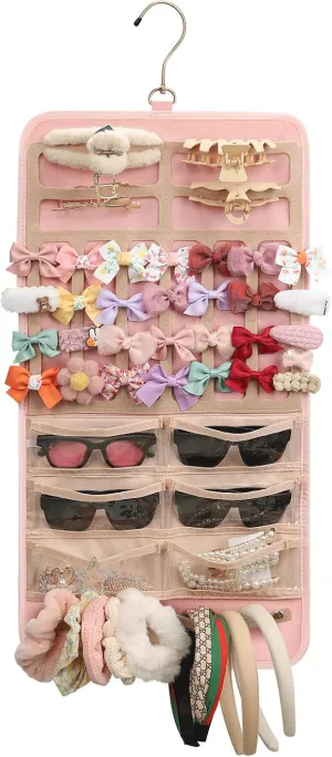 Ethereal Hanging Claw Clip Organizer and Hair Bows Holder With Hanger Metal Hooks, Sunglasses Storage, Hair Clip and Scrunchies Holder, Pink