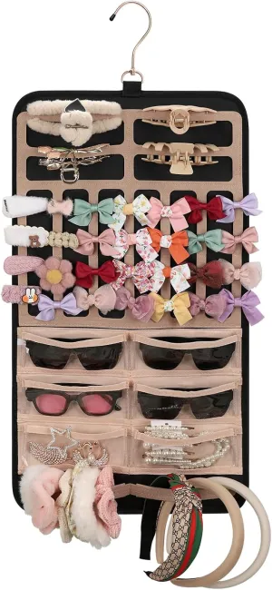 Ethereal Hanging Jewelry Storage Roll With Hanger Metal Hooks, 6  Sunglasses Organizer, Hair Claw Clip and Scrunchies Holder, Large, Black