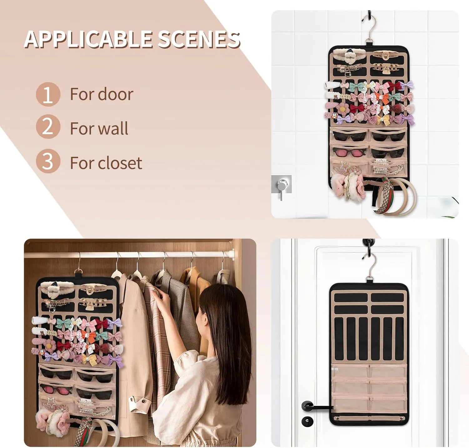 Ethereal Hanging Jewelry Storage Roll With Hanger Metal Hooks, 6  Sunglasses Organizer, Hair Claw Clip and Scrunchies Holder, Large, Black