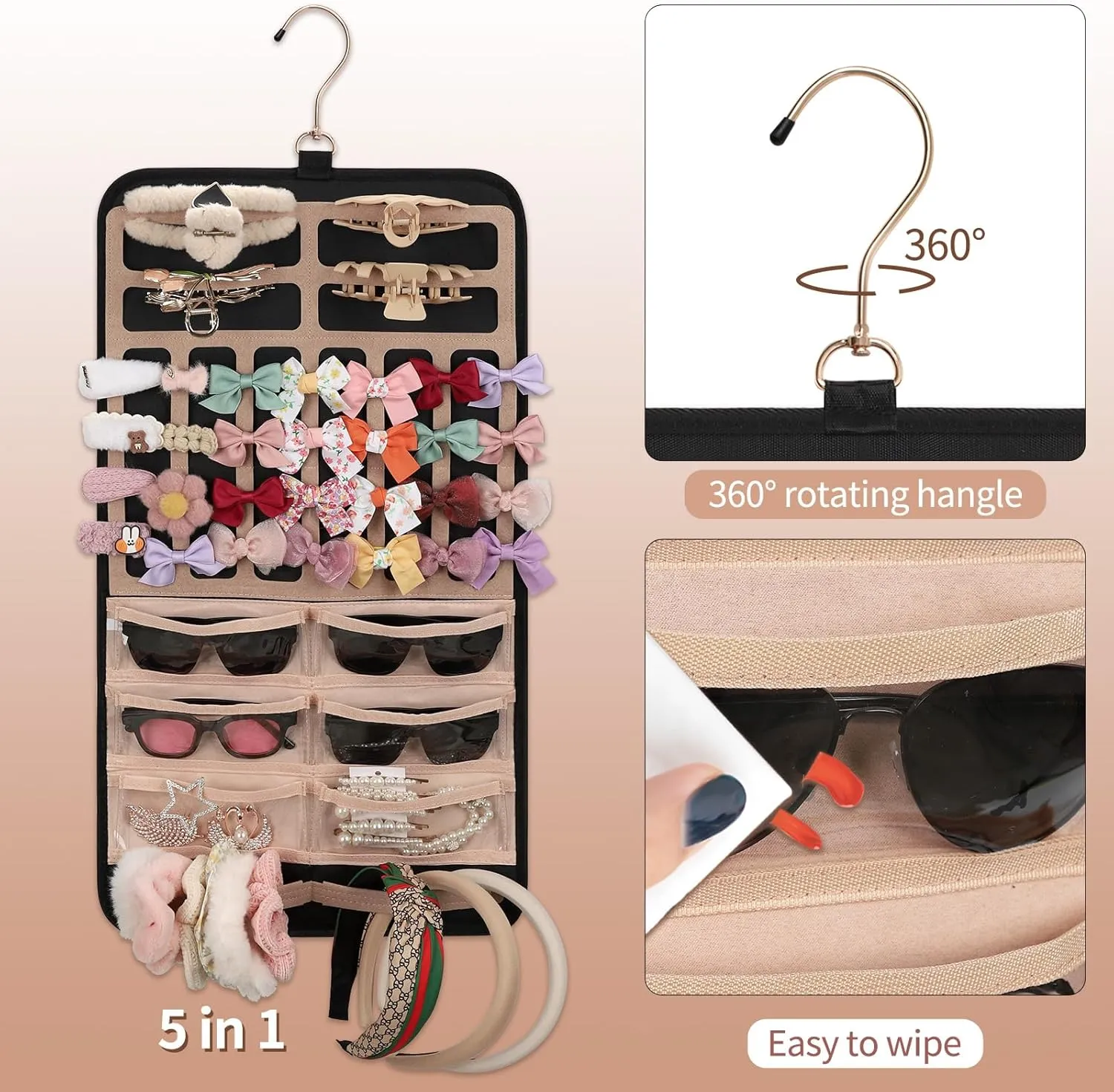 Ethereal Hanging Jewelry Storage Roll With Hanger Metal Hooks, 6  Sunglasses Organizer, Hair Claw Clip and Scrunchies Holder, Large, Black