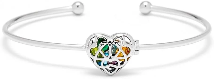 EVE'S ADDICTION Women's Sterling Silver Heart Shaped Birthstone Cuff Bracelet - Personalized Locket Jewelry - Bracelet for Mom - Family Bracelet - Gift for Her - Gifts for Mom