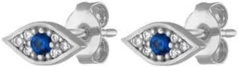 Evil Eye Earrings, Gold, Handmade Sapphire Diamond Stud Jewelry, Lucky Minimalist Earrings for Women.