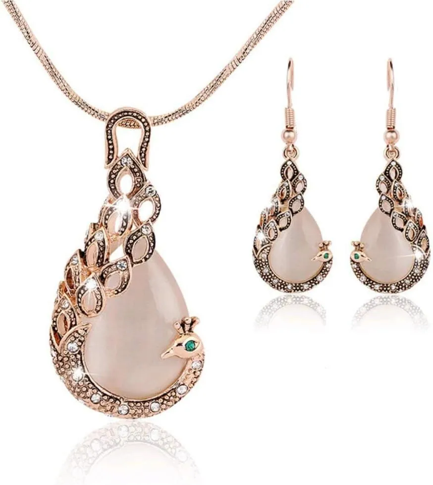 Ezing Vintage Black Paint Charming 18K Gold Peacock Jewelry Sets Women Crystal Necklace earrings