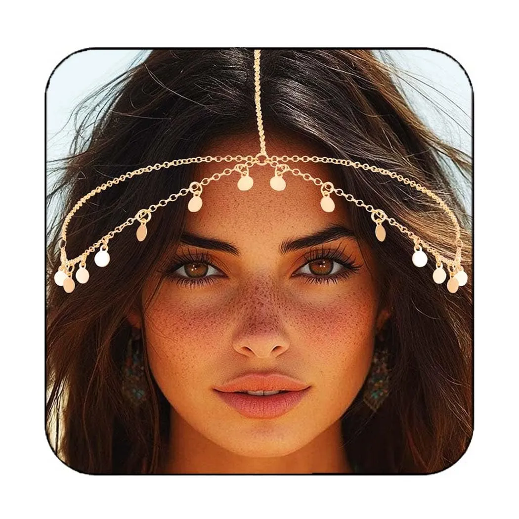 Fashey Sequins Head Chain Gold Boho Headpiece Layered Hair Chains Forehead Chains Jewelry Festival Wedding Halloween Costume Hair Accessories for Women