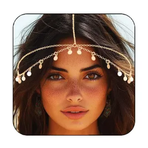 Fashey Sequins Head Chain Gold Boho Headpiece Layered Hair Chains Forehead Chains Jewelry Festival Wedding Halloween Costume Hair Accessories for Women
