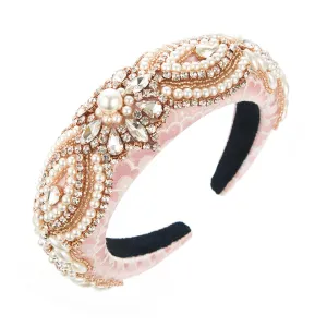 Fashion Baroque Hair Bands Pearl Rhinestone Luxury Sponge Headband Ladies Hair Accessories For Wedding Bride Evening Prom Party FavorPink