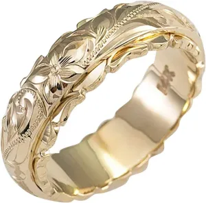 Fashion Flower Carving Ring for Women Minimalist Design Proposal Ring Elegant Jewelry Wedding Band (Gold, 11)