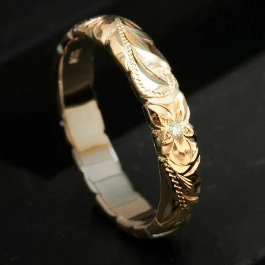 Fashion Flower Carving Ring for Women Minimalist Design Proposal Ring Elegant Jewelry Wedding Band (Gold, 11)