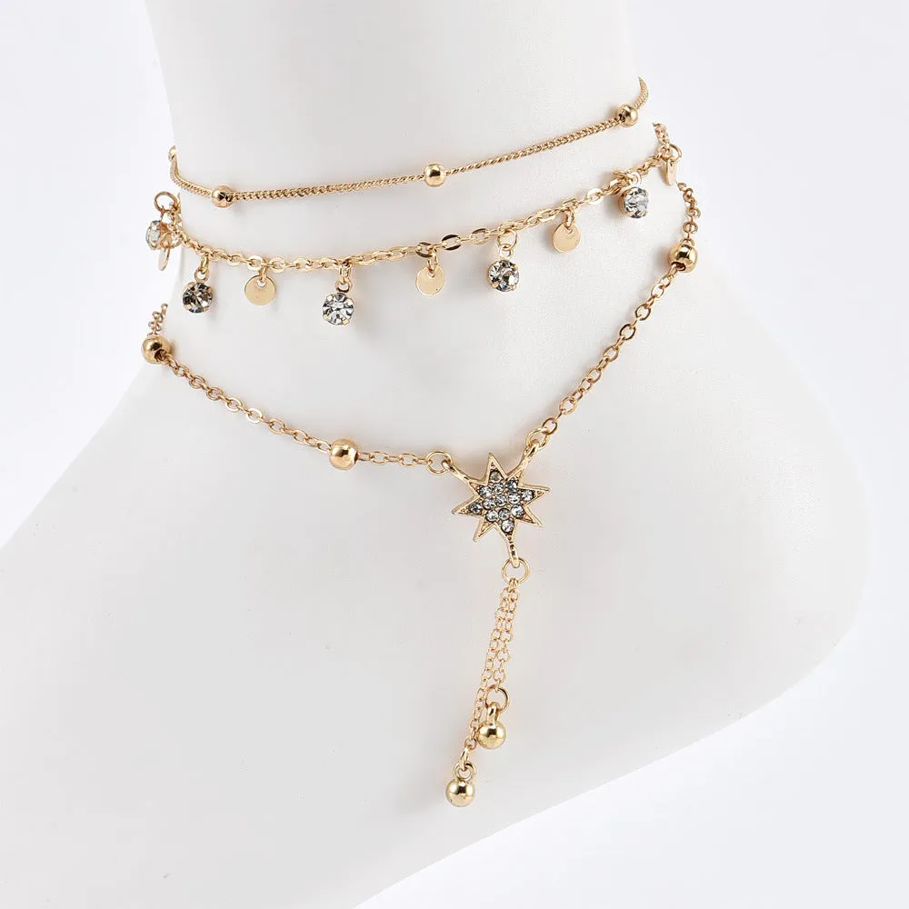 Fashion Jewelry Popular Beach Handmade Multi-layer Round Crystal Anklets For Women