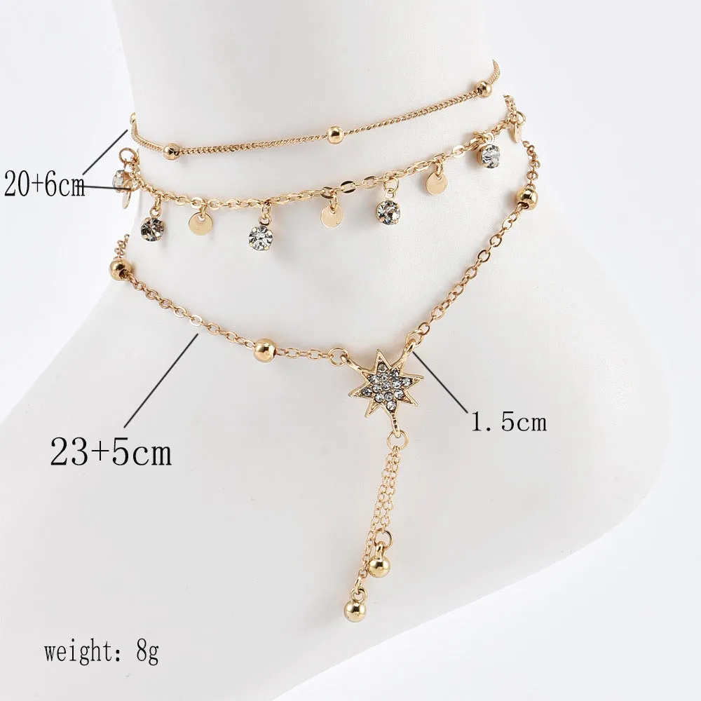 Fashion Jewelry Popular Beach Handmade Multi-layer Round Crystal Anklets For Women