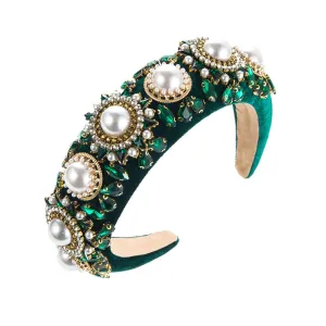 Fashion Luxury Pearl Glass Diamond Headband Flannel Wide Hair Accessories For Women Girls Gifts Wedding Birthday Evening Party FavorGreen