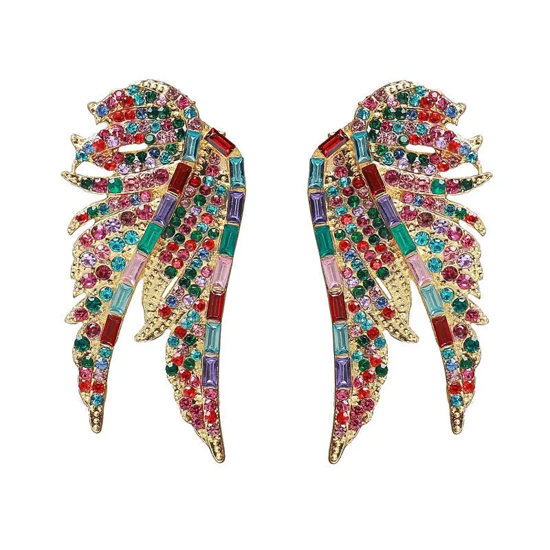 Fashion Metal Wings Full Crystal Big Stud Earrings For Women