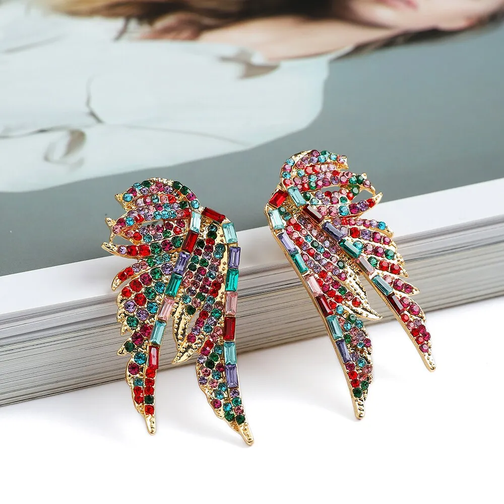 Fashion Metal Wings Full Crystal Big Stud Earrings For Women