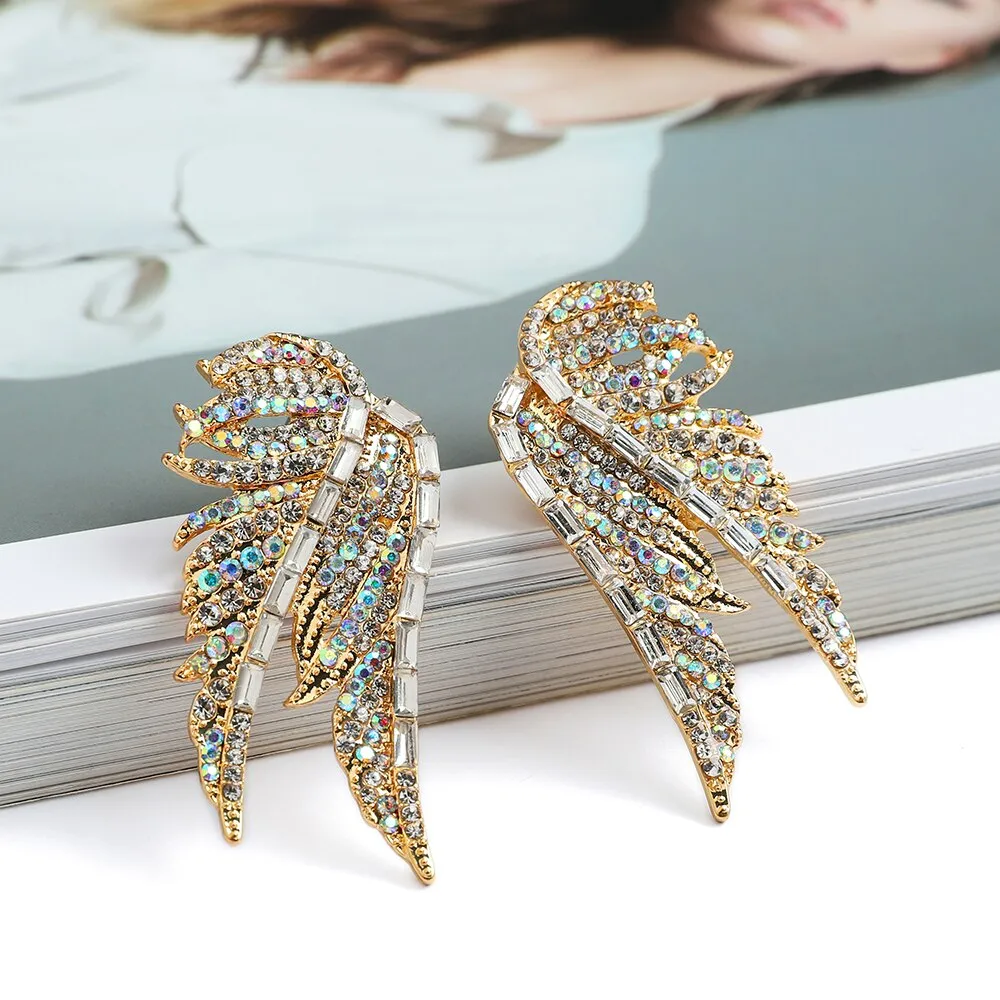 Fashion Metal Wings Full Crystal Big Stud Earrings For Women
