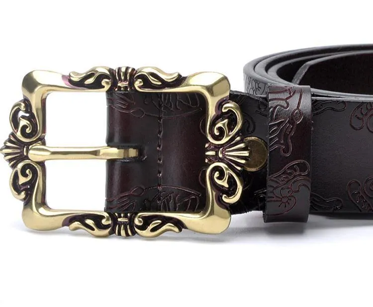 Fashion Wide Genuine Leather Women Belt Vintage Floral Lady Belts Strap For Jeans 35MM