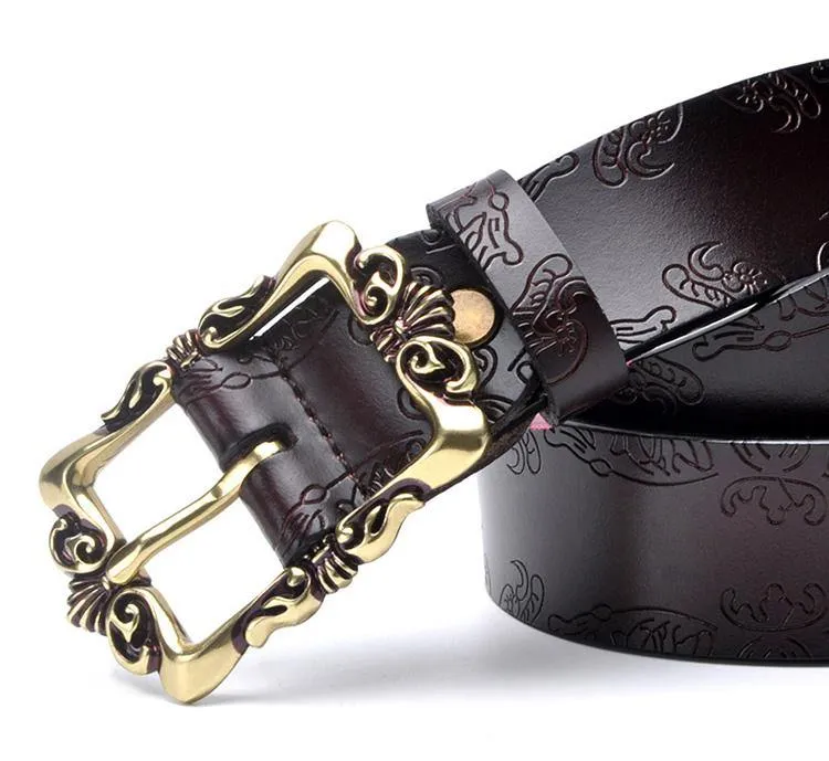 Fashion Wide Genuine Leather Women Belt Vintage Floral Lady Belts Strap For Jeans 35MM