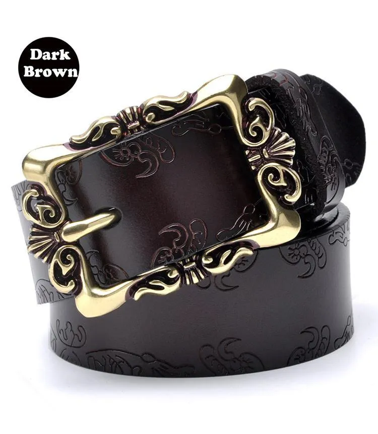 Fashion Wide Genuine Leather Women Belt Vintage Floral Lady Belts Strap For Jeans 35MM