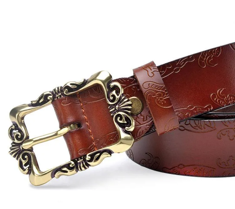 Fashion Wide Genuine Leather Women Belt Vintage Floral Lady Belts Strap For Jeans 35MM