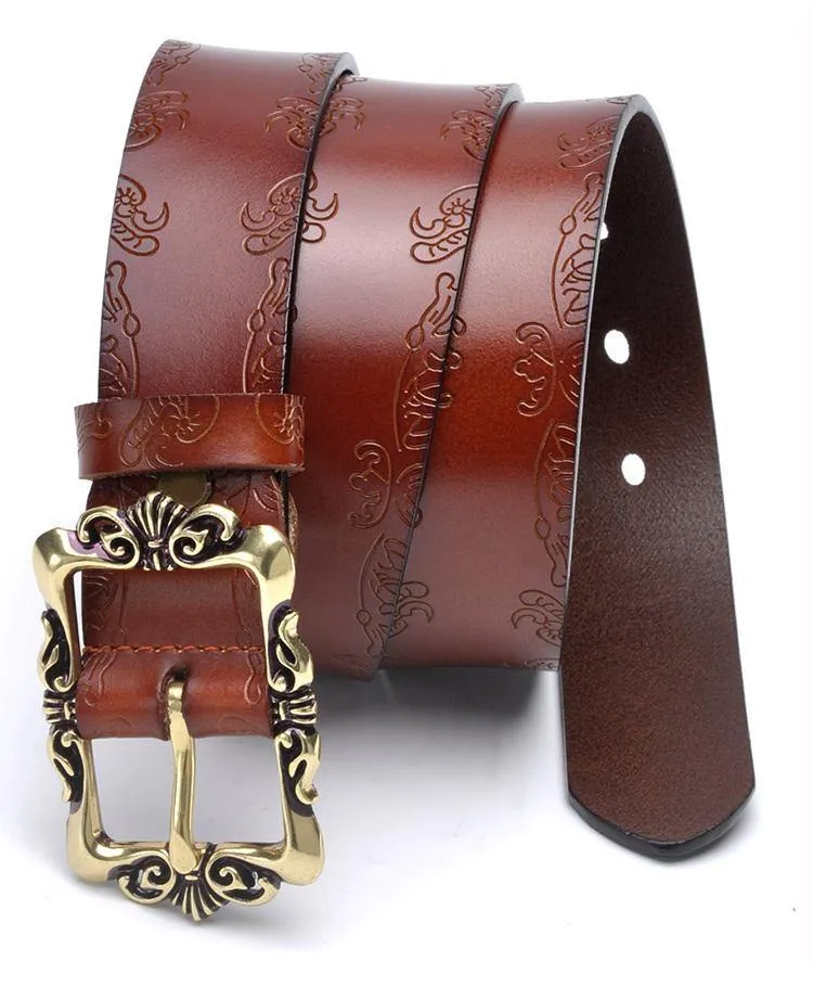 Fashion Wide Genuine Leather Women Belt Vintage Floral Lady Belts Strap For Jeans 35MM