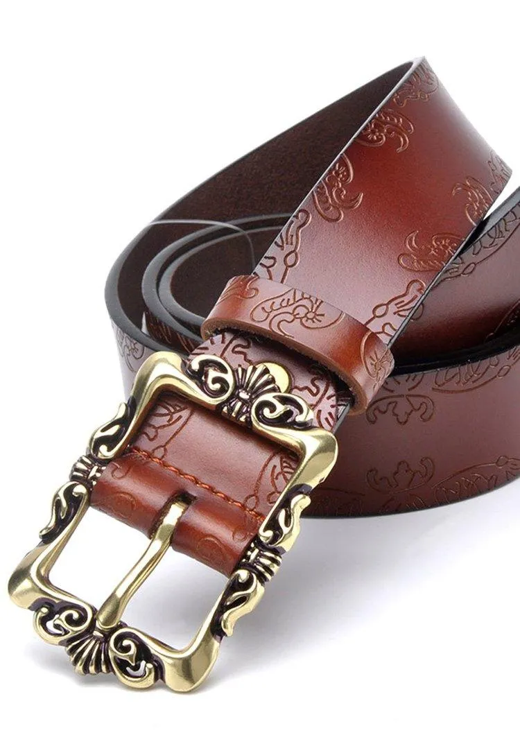 Fashion Wide Genuine Leather Women Belt Vintage Floral Lady Belts Strap For Jeans 35MM