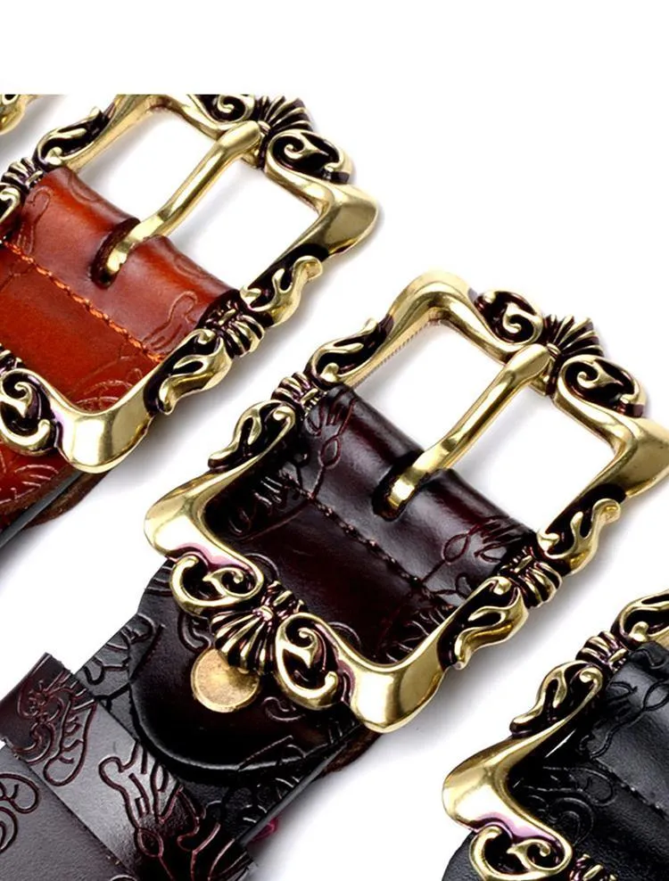 Fashion Wide Genuine Leather Women Belt Vintage Floral Lady Belts Strap For Jeans 35MM