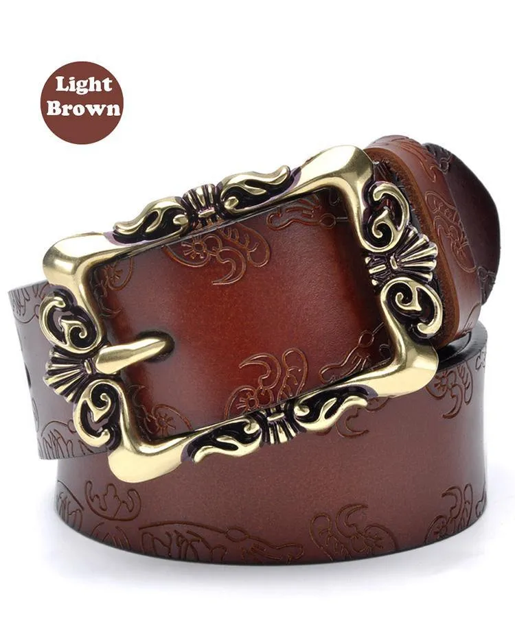 Fashion Wide Genuine Leather Women Belt Vintage Floral Lady Belts Strap For Jeans 35MM