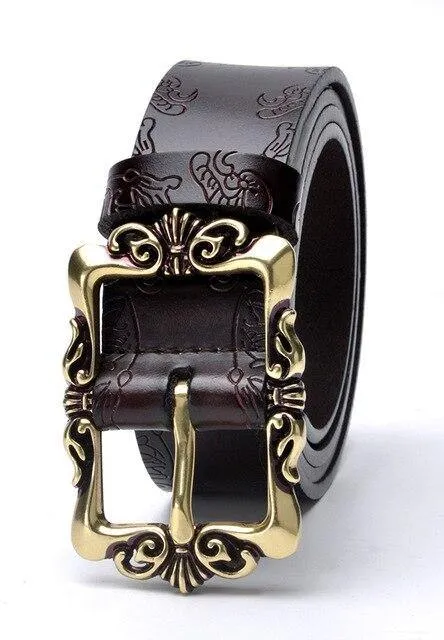 Fashion Wide Genuine Leather Women Belt Vintage Floral Lady Belts Strap For Jeans 35MM